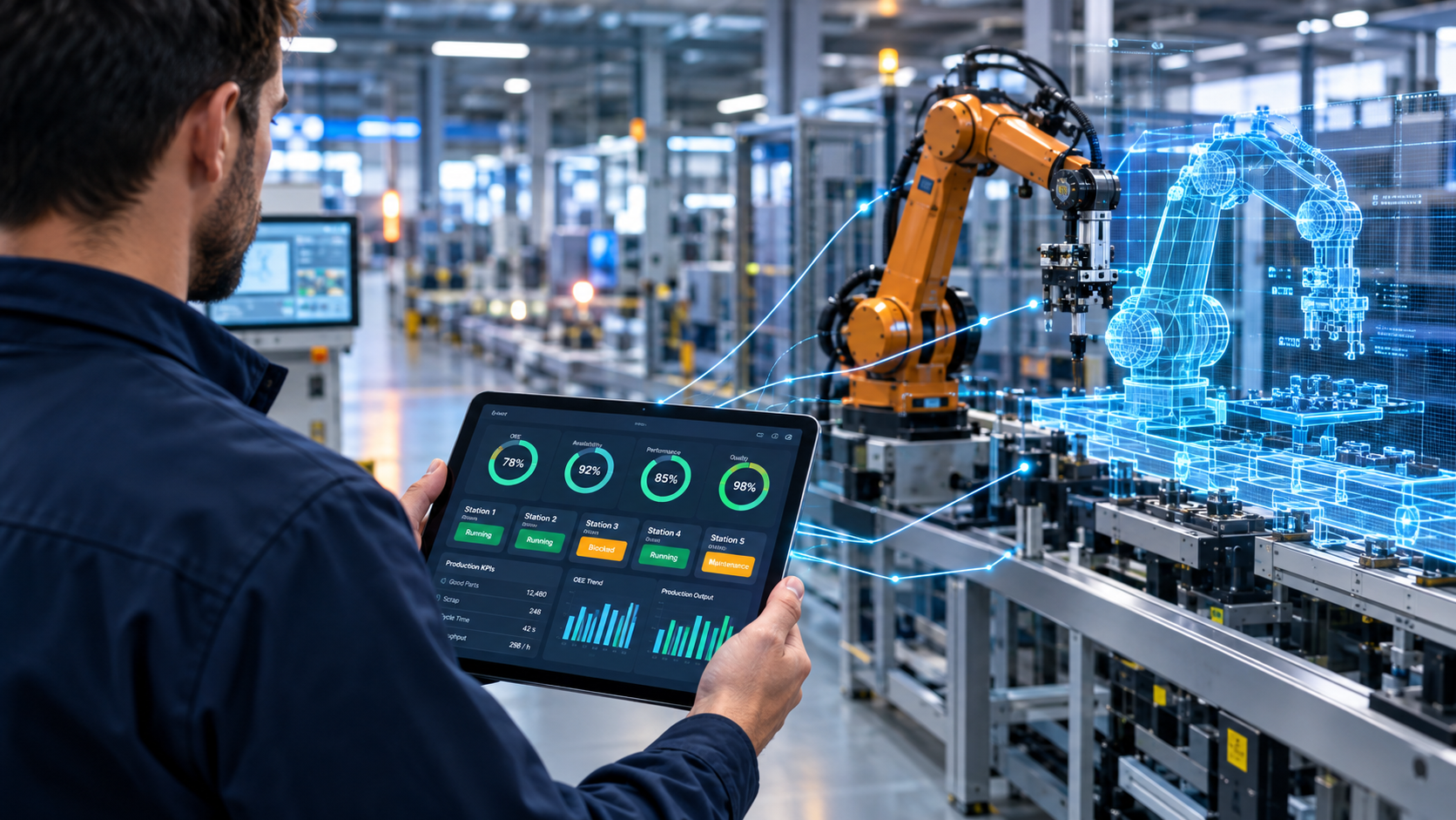 Werker mit MES-Dashboard auf Tablet vor Produktionslinie mit digitalem Zwilling